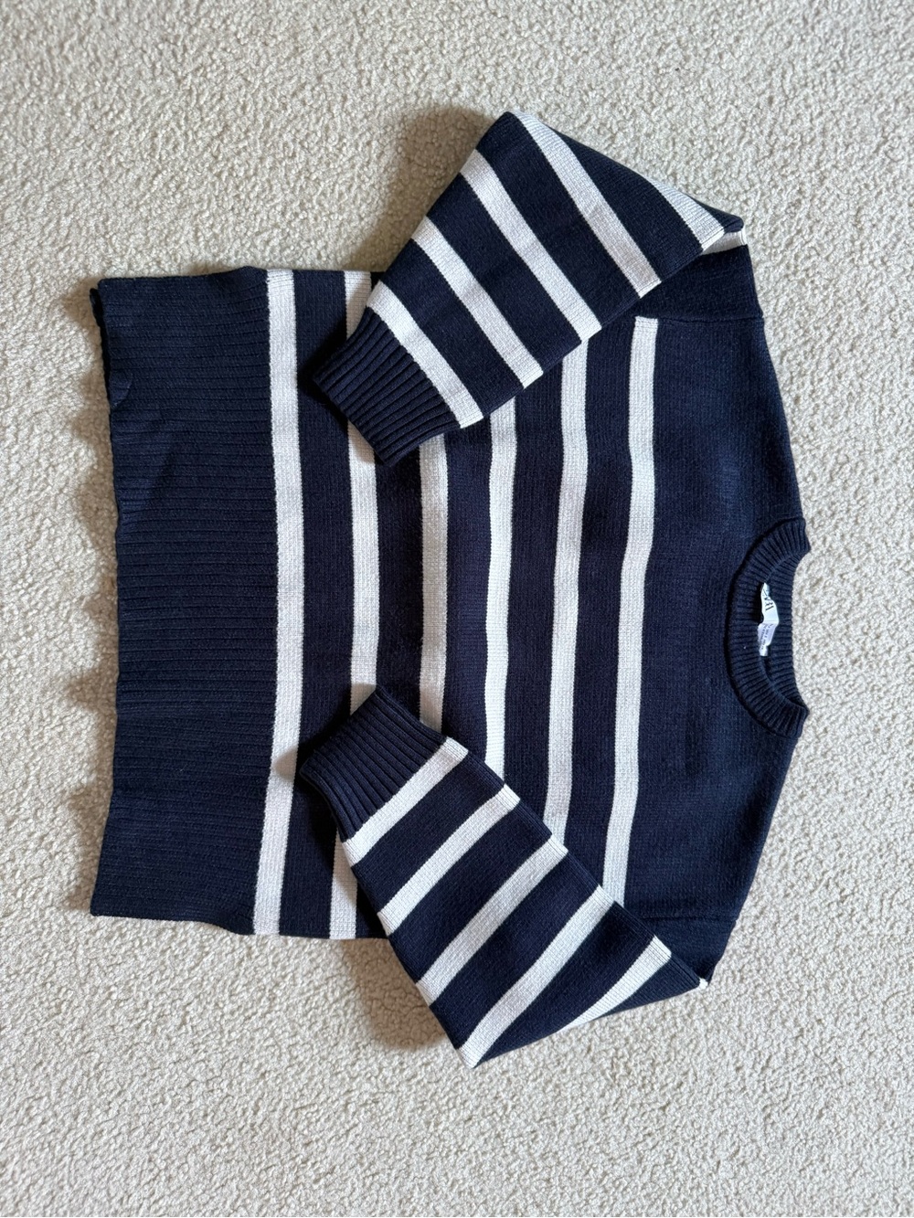 Zara Navy and White Striped Crewneck Sweater small